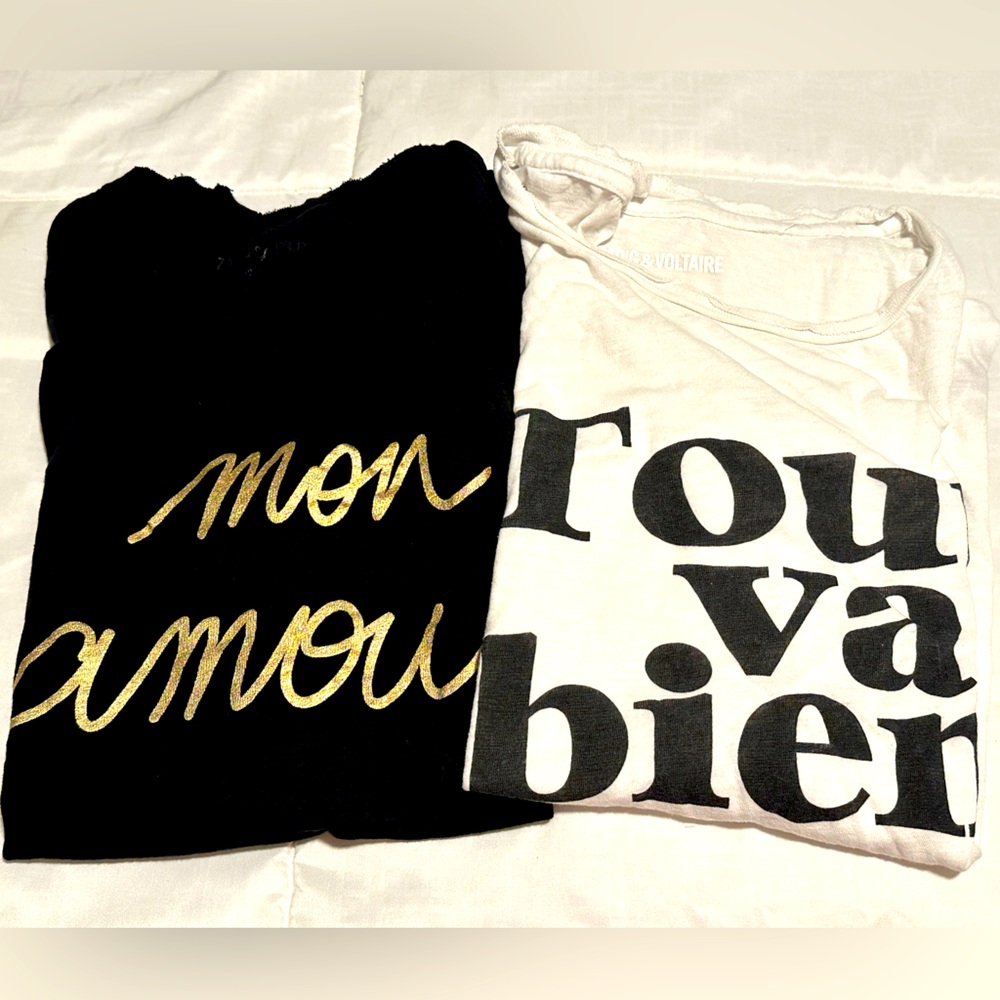2 Zadig & Voltaire Black T-Shirt with gold Script and white with black script.